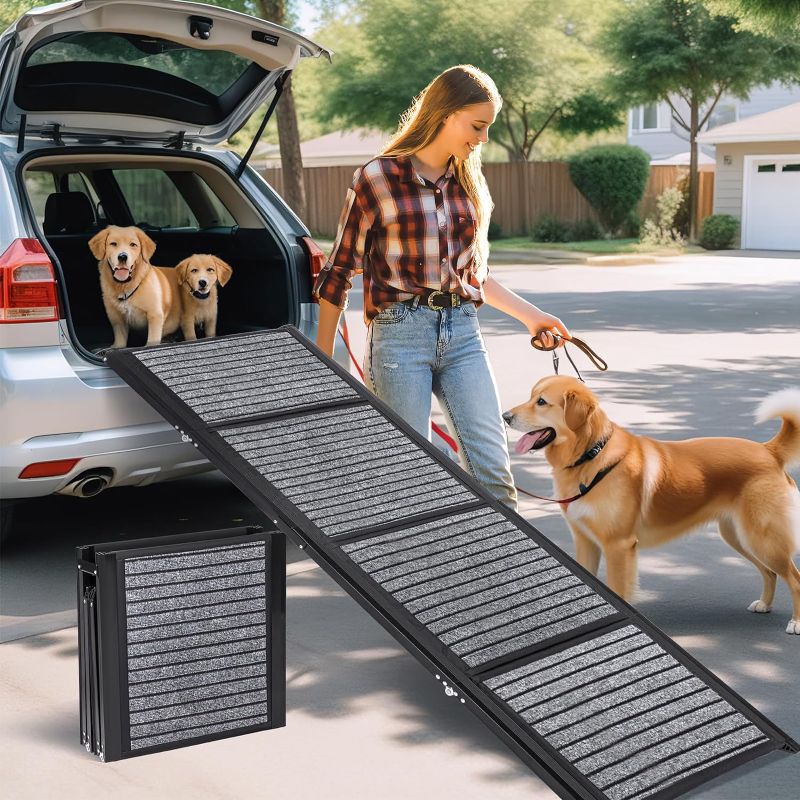 Photo 1 of Longest 71" & Widest 20" Folding Dog Car Ramp for Large Dogs, Portable Pet Stair Ramp with Non-Slip Rug Surface, Extra Wide & Long Dog Steps for Large Dogs Up to 250LBS Get Into a Car, SUV & Truck
