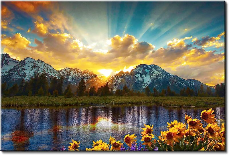 Photo 1 of ***DAMAGED - CREASED - SEE PICTURES***
Sunset Mountain Wall Art, Grand Teton National Park Landscape Canvas Wall Decor 32x48" Sunflower Pictures Artwork Nature River Scenery Prints Painting Home Decoration for Living Room Bedroom Kitchen