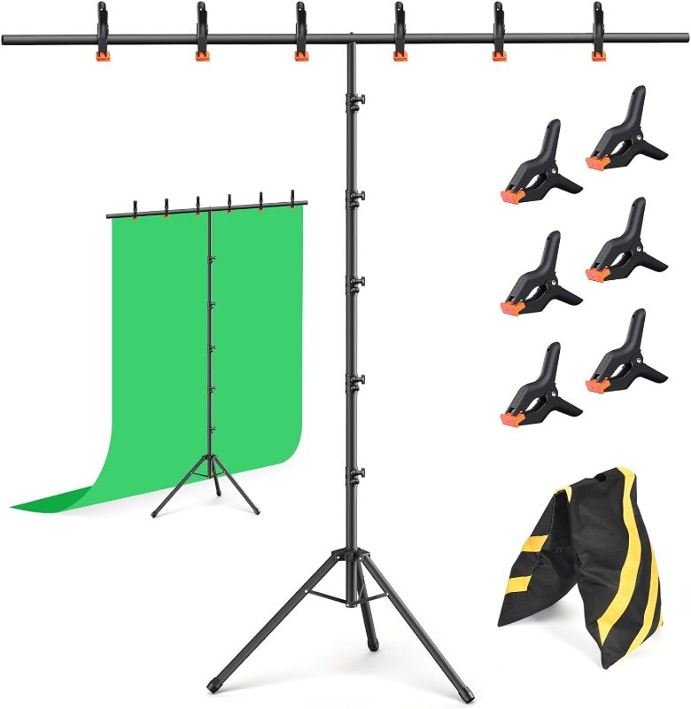 Photo 2 of Forlogic T-Shape Backdrop Stand 8x5FT, Adjustable Background Stand Kit Sturdy Photo Green Screen Holder with 6 Spring Clamps & Carry Bag for Party, Photography, Video 8*5.3FT