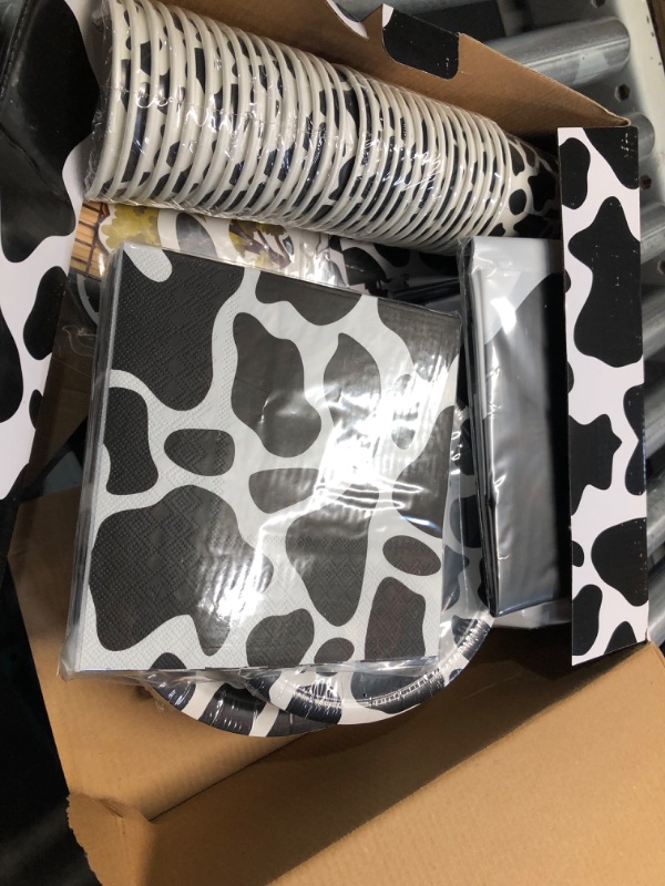 Photo 2 of ***USED - PACKAGING DAMAGED - LIKELY MISSING PIECES***
Serves 30 Essential Party Pack Cow Print Party Supplies 9" Dinner Paper Plates 7" Dessert Paper Plates 9 oz Cups 3 Ply Napkins Photo Props Banner Table Cover Cow Themed Birthday Party Supplies