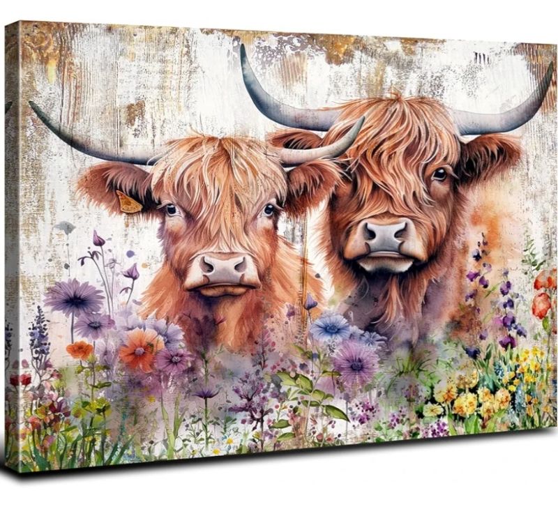 Photo 1 of **BOTTOM HAS DAMAGE**
Large Highland Cow Canvas Wall Art Bathroom Decor Farmhouse Cow Picture 32x48"