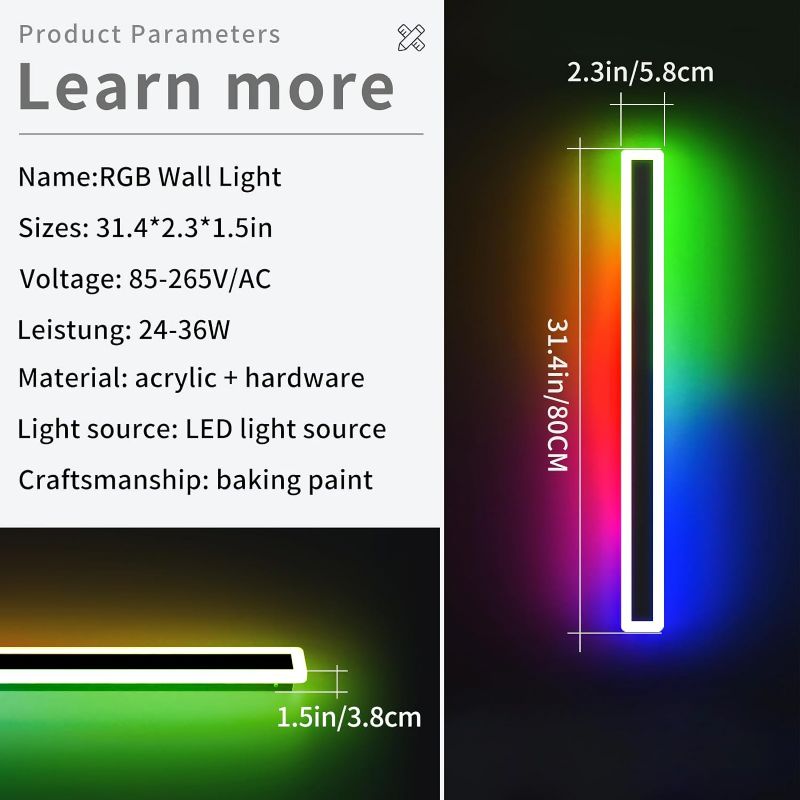 Photo 3 of (READ FULL POST) 31.4inch Outdoor RGB Long Wall Light, 7 Colour Variations Dimmable Modern LED Wall Sconce