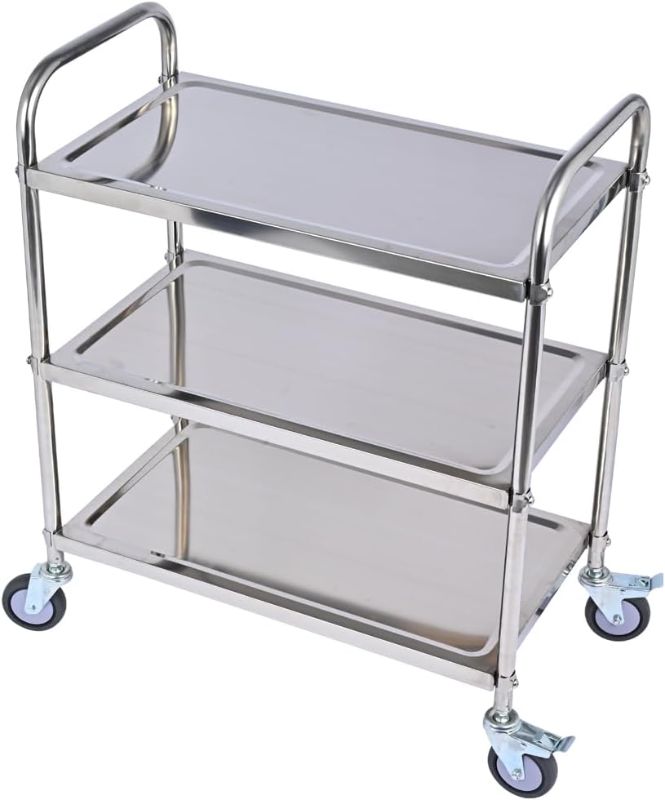 Photo 1 of **APPEARS BENT**
3 Shelf Stainless Steel cart?420 lbs?1MM Thick?Serving cart with Wheels?29.5*15.8*37.4)