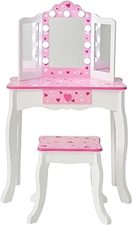 Photo 1 of **READ NOTES**Teamson Kids Little Princess Gisele Sweethearts Print Kids Vanity Set with Matching Stool, Tri-fold Mirror with Glamour LED Lights + Storage Drawer For 3yr and up, Pretend Play House, Salon White/Pink