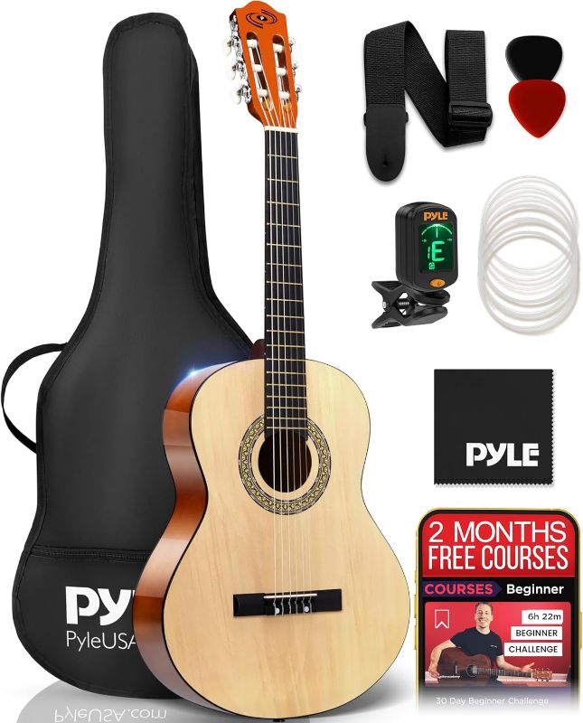 Photo 1 of ***USED - SCRATCHED AND SCRAPED - CARRY CASE SLASHED - MISSING ALL ACCESSORIES - UNABLE TO VERIFY FUNCTIONALITY***
Pyle Beginner Acoustic Guitar Kit, 3/4 Junior Size All Wood Instrument for Kids, Adults, 36" Natural Ash