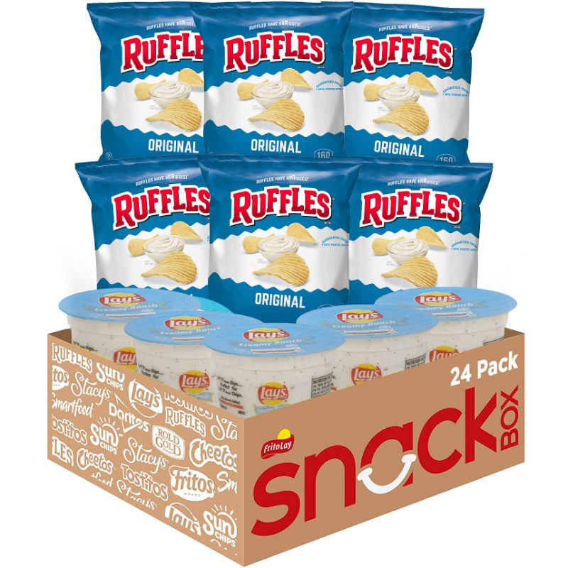 Photo 1 of **NONREFUNDABLE** Ruffles Original & Lays Creamy Ranch Dip Cups Variety Pack, Single Serve Portions, 1 Ounce (Pack of 24) 24ct Original & Lay's Creamy Ranch Dip BB 4/23/24