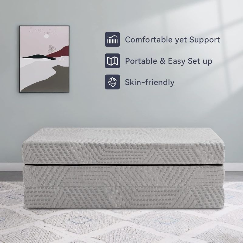 Photo 1 of ***USED - NO PACKAGING***
4 Inch Folding Mattress Single with Storage Bag Trifolding Gel Memory Foam Mattress Topper, CertiPUR-US Certified, Gray, 75 x 25 x 4 Inch