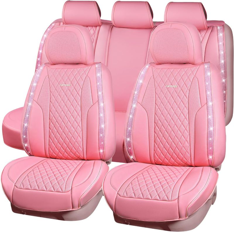 Photo 1 of (NON-REFUNDABLE) CAR PASS® Pink Nappa Leather Bling Diamond Seat Covers Full Seats, Waterproof Heavy-Duty Anti-Slip, Universal Fit for 95% Auto SUV Sedan Truck, Glitter Sparkle Shining (Pink Rhinestone Leather)
