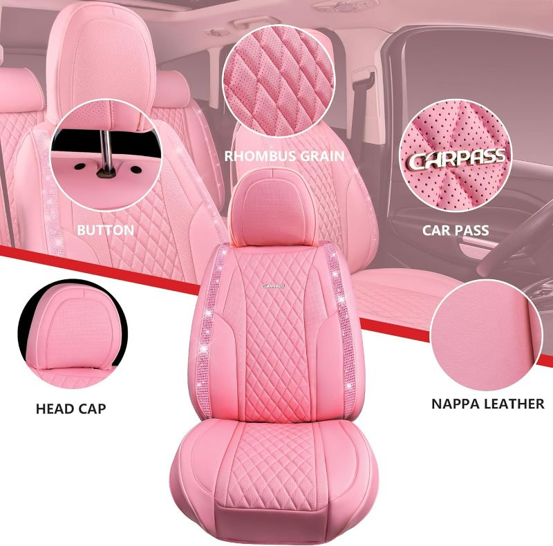 Photo 4 of (NON-REFUNDABLE) CAR PASS® Pink Nappa Leather Bling Diamond Seat Covers Full Seats, Waterproof Heavy-Duty Anti-Slip, Universal Fit for 95% Auto SUV Sedan Truck, Glitter Sparkle Shining (Pink Rhinestone Leather)
