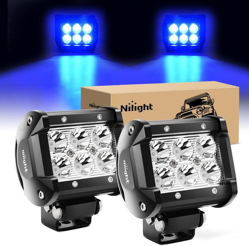 Photo 1 of Nilight 4" Led Light Pod Blue Spot Driving Fog Light 2PCS 18W Off Road Fishing Hunting Emergency Safety Signal Deck Trailer Hunting lights for UTV Pick-up Van Boat Tractor, 2 years Warranty