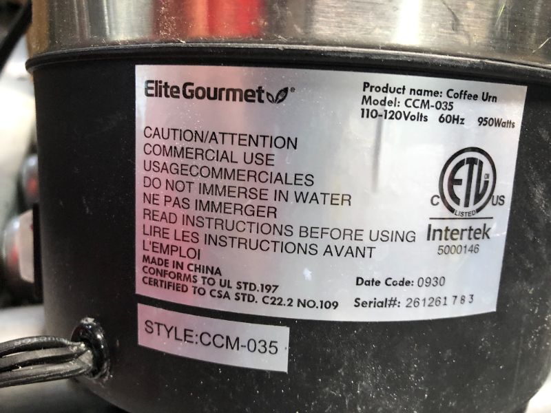 Photo 4 of ***HEAVILY USED AND DIRTY - MISSING INTERNAL FILTER PART THAT MAKES ITEM WORK - SEE PICTURES***
Elite Gourmet CCM-035 30 Cup Electric Stainless Steel Coffee Maker Urn, Removable Filter for Easy Cleanup, Two Way Dispenser with Cool-Touch Handles 30 Cup Sta