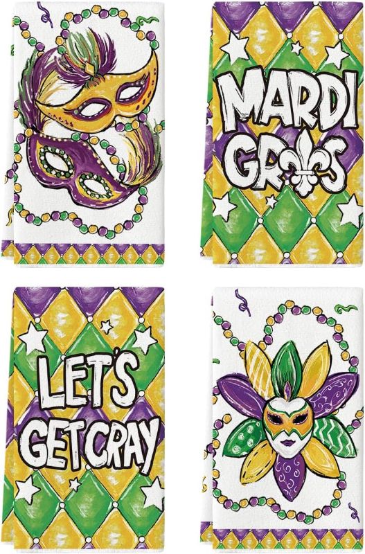 Photo 1 of Artoid Mode Mask Beads Mardi Gras Kitchen Towels Dish Towels, 18x26 Inch Let's Get Cray Seasonal Decoration Hand Towels Set of 4