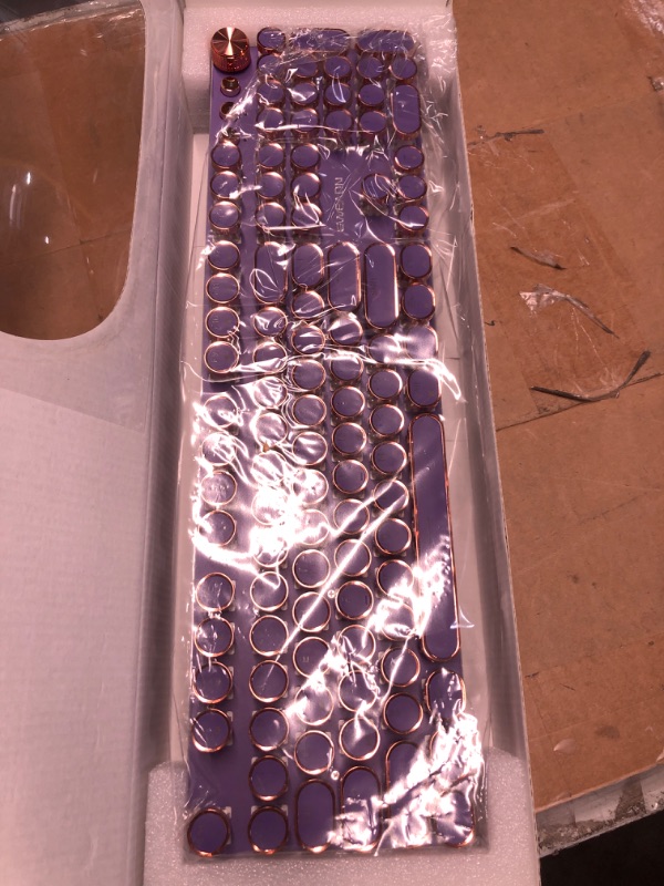 Photo 1 of Typewriter Style Mechanical Gaming Keyboard White LED Backlit 104-Key NKRO Pink Switches Retro Round Keycaps Golden Ring Volume Knob Metal Panel Wired USB-C Detachable Cable, Purple