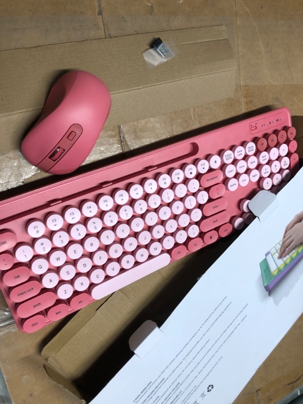 Photo 2 of Wireless Keyboard and Mouse Combo, Retro Round Keycap Typewriter Keyboard with Phone/Tablet Holder, Cute Colorful Keyboard for Computer/Laptop/Windows/Mac by SABLUTE, Pink