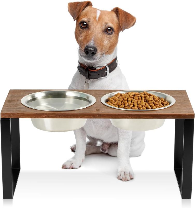 Photo 1 of (READ FULL POST) Sunhoo Elevated Dog Bowls Raised Feeder for Dogs Tall Standing Holder Wood Pet Feeding Station 2 Stainless Steel Dish Metal 16.73 * 7.87 * 8.07in 32oz Non-Slip Heavy Duty Durable
