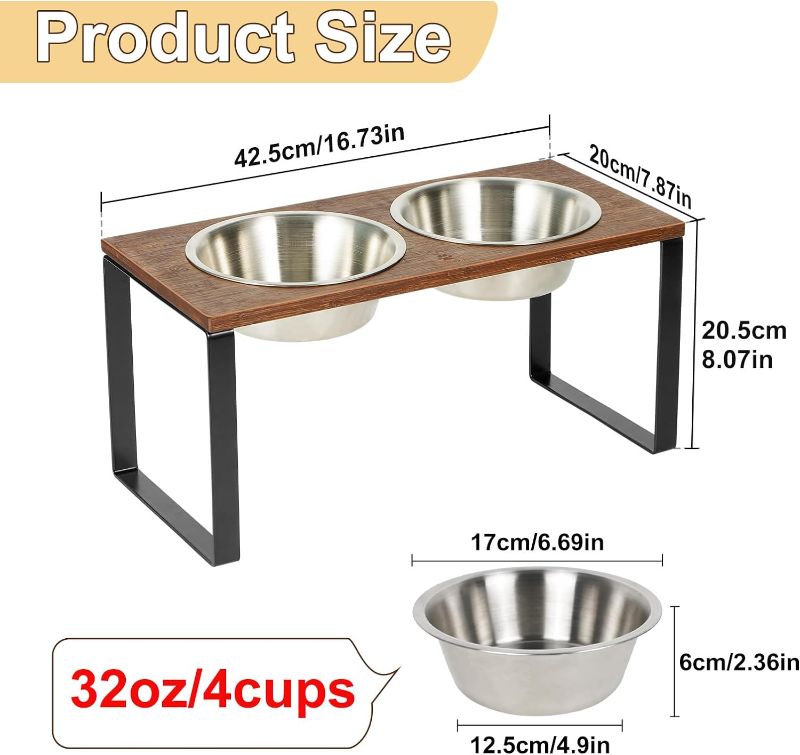 Photo 3 of (READ FULL POST) Sunhoo Elevated Dog Bowls Raised Feeder for Dogs Tall Standing Holder Wood Pet Feeding Station 2 Stainless Steel Dish Metal 16.73 * 7.87 * 8.07in 32oz Non-Slip Heavy Duty Durable
