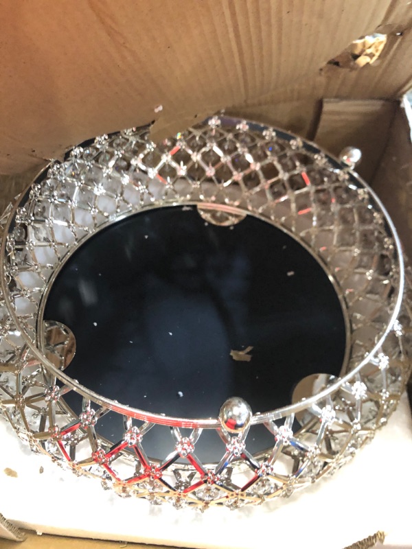 Photo 1 of 12 Inch Wedding Cake Stand with Mirror Top Plate, Silver Metal Crystal Beads Cake Display Pedestal, Round Cake Stand, 