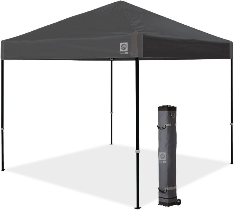 Photo 1 of (NON-REFUNDABLE) E-Z UP Ambassador Instant Pop Up Canopy Tent, 10' x 10', Roller Bag and 4 Piece Spike Set, Steel Gray
