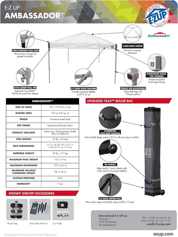 Photo 4 of (NON-REFUNDABLE) E-Z UP Ambassador Instant Pop Up Canopy Tent, 10' x 10', Roller Bag and 4 Piece Spike Set, Steel Gray
