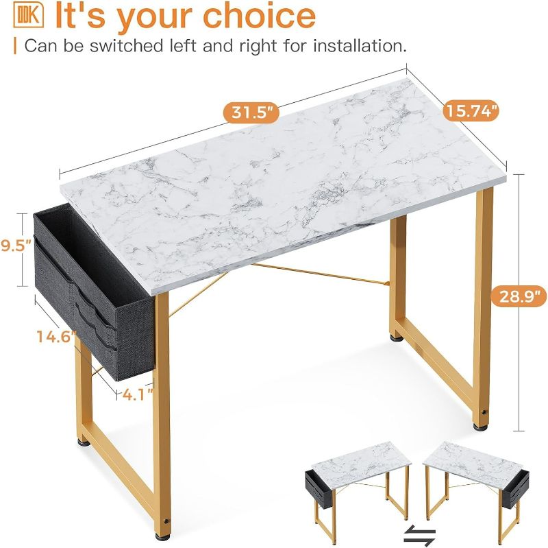 Photo 3 of (NON-REFUNDABLE) ODK 32 inch Small Computer Desk Study Table for Small Spaces Home Office Student Laptop PC Writing Desks with Storage Bag Headphone Hook, White Marble + Gold Leg 32 inch White Marble + Gold Leg