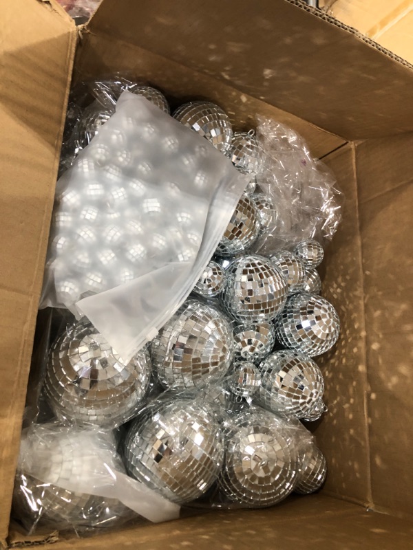 Photo 2 of 200 Pcs Disco Balls Ornament Mini Disco Balls Small Mirror Silver Hanging Decorations Reflective Disco Ball for 70s Disco Themed Party Christmas Tree Birthday Wedding (6, 4, 3, 2.4, 1.6, 0.6 Inch)