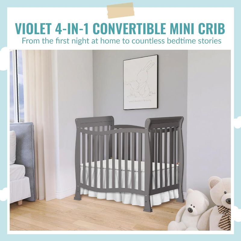 Photo 4 of (READ FULL POST) Dream On Me Violet 4-in-1 Convertible Mini Crib in Pebble Grey, Greenguard Gold Certified, JPMA Certified, 3 Position Mattress Height Settings, Non-Toxic Finish Pebble Grey Crib0