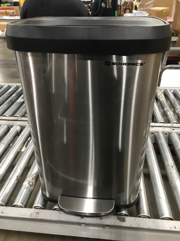 View 2 of SONGMICS Kitchen Trash Can, 13-Gallon Stainless Steel Garbage Can, with Stay-Open Lid and Step-on Pedal, Soft Closure, Tall, Large and Space-Saving, Silver and Black ULTB530E50 13-Gallon Silver + Black