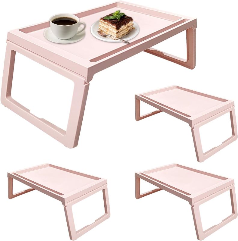 Photo 1 of 4 Pack Bed Tray Table with Foldable Legs, 26.8"x14" Breakfast in Bed Tray Folding Table with Handles Plastic Folding Legs, Serving Food Trays for Eating on Bed Sofa, Tray for Laptop Computer, Pink
