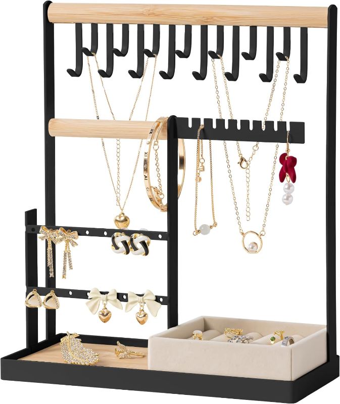 Photo 1 of **missing hardware** DreamGenius Jewelry Organizer Stand with Velvet Ring Holder, 4 Tier Jewelry Holder Organizer with 15 Hooks Necklace Organizer and Bracket Holder, Jewelry Stand with 16 Holes for Earring Holder, Black
