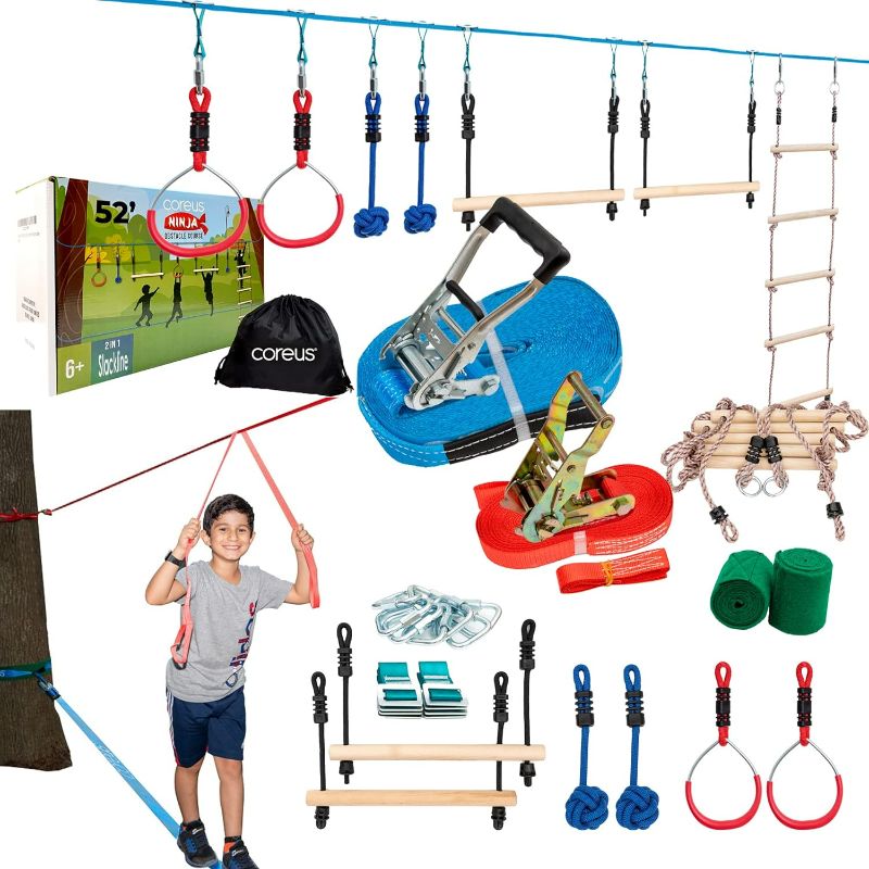 Photo 1 of Ninja Warrior Obstacle Course for Kids 2X50FT 2 in1 Double Line and Slackline Training Accessories Balance Arm Trainer Monkey Bars Gym Rings Ladder