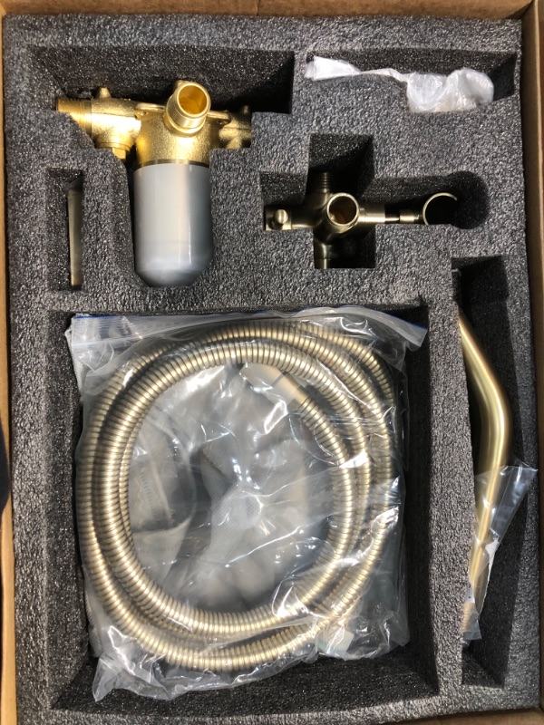 Photo 1 of All Metal Shower Faucet Set, Dual Square Shower Head System with Handheld Wand & Rainfall Showerhead, Diverter, Hose Complete Combo, Pressure Balance Rough-in Valve Included Brushed Gold Shower Faucet
