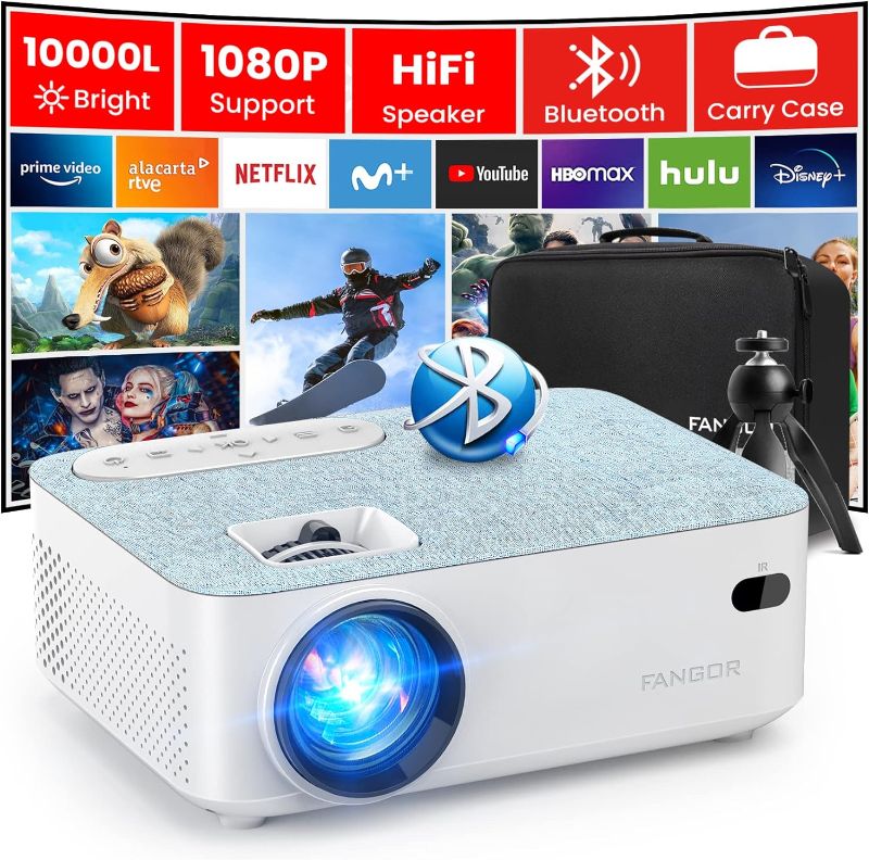 Photo 1 of FANGOR HD Bluetooth Projector - Portable 10000L Projector for Outdoor Movie, Mini Video 1080P Supported Projector with Carry Bag & Tripod, Compatible Computer/ Laptop/ SD Cards/PS4