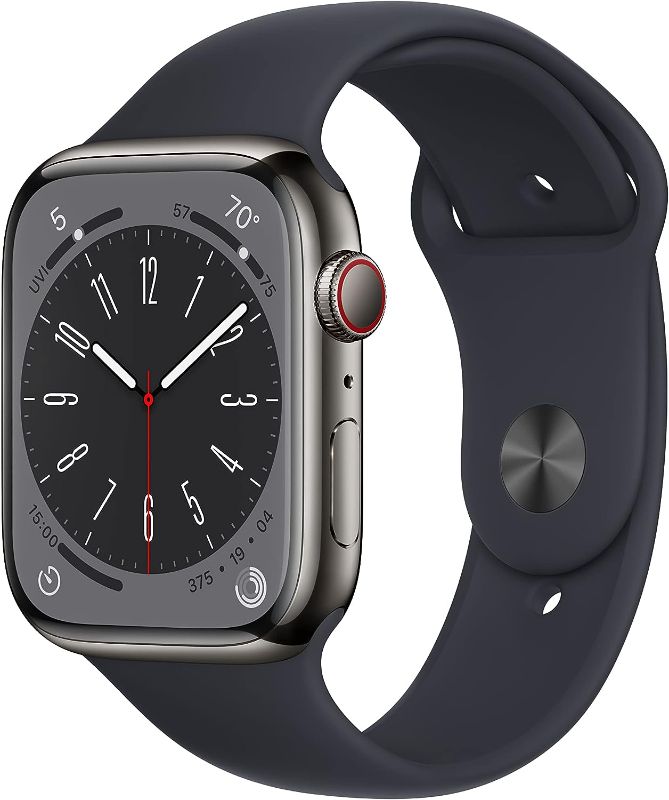 Photo 1 of Apple Watch Series 8 [GPS + Cellular 45mm] Smart Watch w/Graphite Stainless Steel Case w/Midnight Sport Band-M/L. Fitness Tracker, Blood Oxygen & ECG Apps, Always-On Retina Display, Water Resistant -see notes- 
