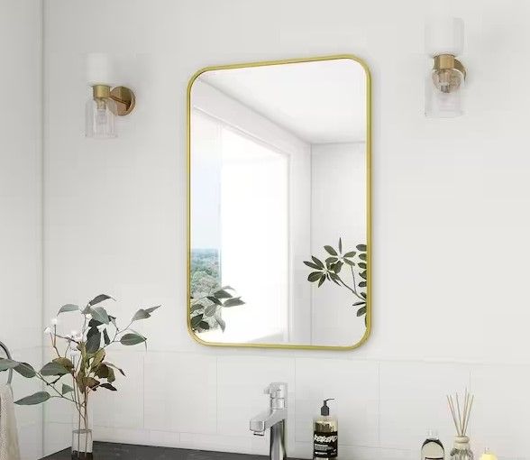 Photo 1 of 26 in. W x 38 in. H Rectangular Aluminum Alloy Framed Rounded Gold Wall Mirror
