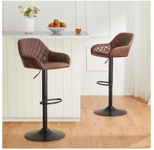 Photo 1 of 32.75 in. H Mid-Century Modern Brown Metal Quilted Leatherette Gaslift Adjustable Swivel Bar Stool (Set of 2)
