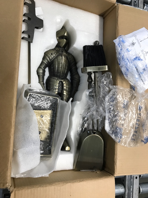 Photo 2 of 3-Piece Fireplace Tool Set- Medieval Knight Cast Iron Statue Holds Heavy Duty Essential Tools - Includes Shovel, Broom & Poker by Lavish Home