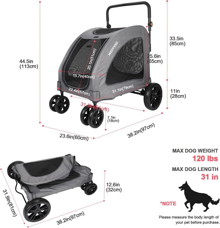 Photo 3 of (READ FULL POST) Wedyvko Dog Stroller for Large Giant Dogs - Upto 120 lbs Pet Jogger Wagon, Travel Folding Carrier with Adjustable Handle, Sunroof, Rear Brake, Security Leash, Grey

