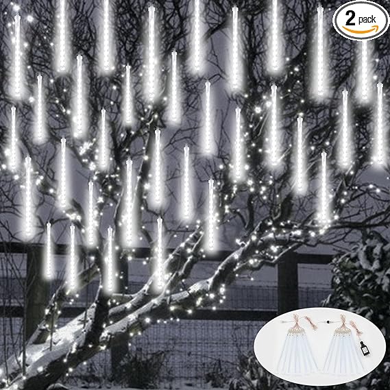 Photo 1 of 2-Pack Meteor Shower Christmas Lights Outdoor Decorations, Extendable Outdoor Tree Lights Waterproof 16 Tubes 384 LEDs Falling Rain Lights for Holiday Outside Decor Yard House Xmas Tree (Cool White)
