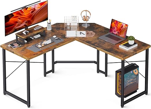 Photo 1 of L Shaped Gaming Desk, Computer Corner Desk, PC Gaming Desk Table with Large Monitor Riser Stand for Home Office Sturdy Writing Workstation, Vintage
