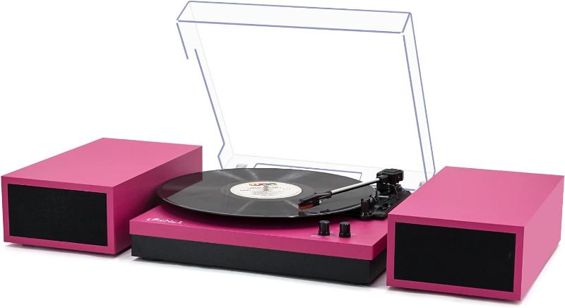 Photo 1 of LP&No.1 Vinyl Record Player, Bluetooth Turntable with Dual Stereo Bookshelf External Speakers, Adjustable 3-Speed Belt-Drive Turntable, LP Player with RCA, Auto Stop, Pink