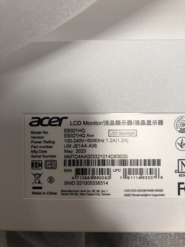 Photo 3 of Acer EB321HQ Awi 32" Full HD (1920 x 1080) IPS Monitor (HDMI & VGA port),White
