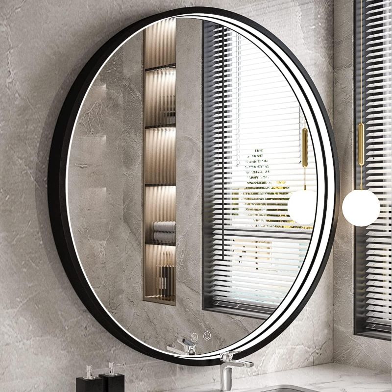 Photo 1 of LED Round Mirror,36 Inch Black Metal Frame Bathroom Mirror with Light,6000K Lighted Vanity Mirror,Wall Mounted,Anti-Fog & Dimmable Touch Switch, Waterproof IP54
