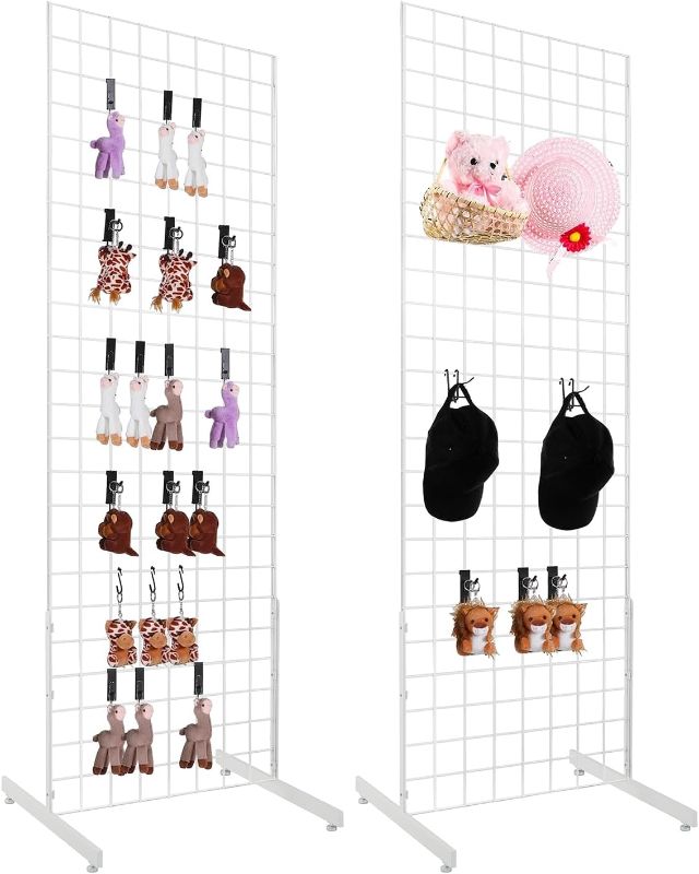 Photo 1 of 2' x 6' Grid Wall Panel Floorstanding Display Fixture with Deluxe T-Style Base, White. Two-Pack Combo.
