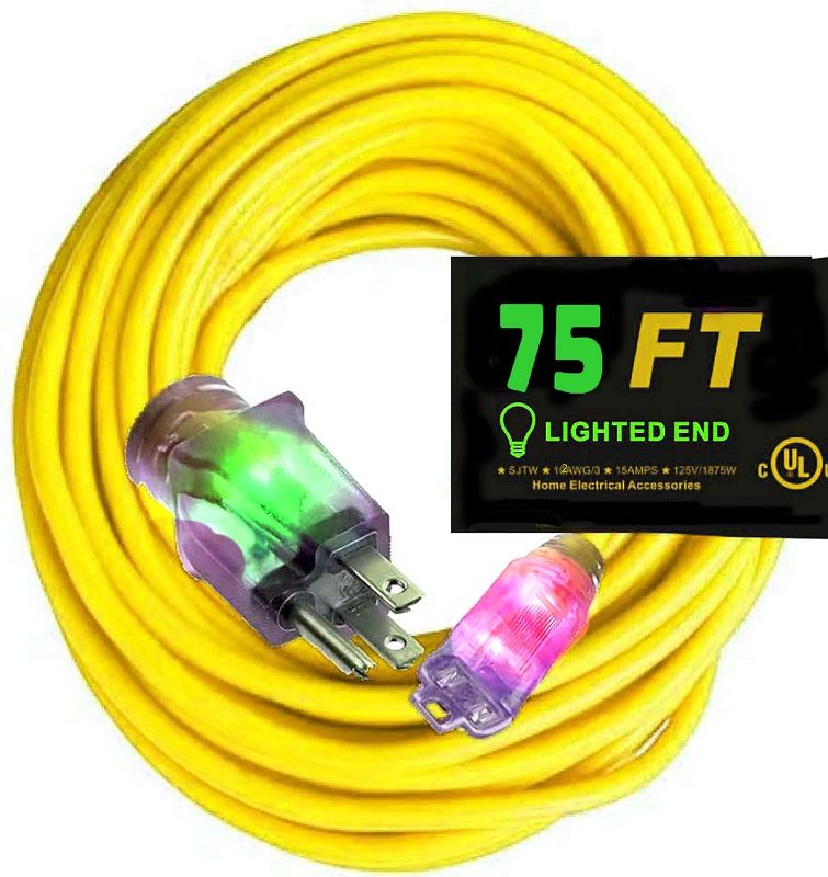 Photo 1 of 12/3 Heavy Duty Extension Cord 75 ft 12 Gauge Extension Cords Rated up to 1875 Watts 125V, 15Amp Lighted SJTW Indoor Outdoor 12 Gauge Grounded Cord UL Listed 12 Awg Outlet Extension Cord 75 ft
