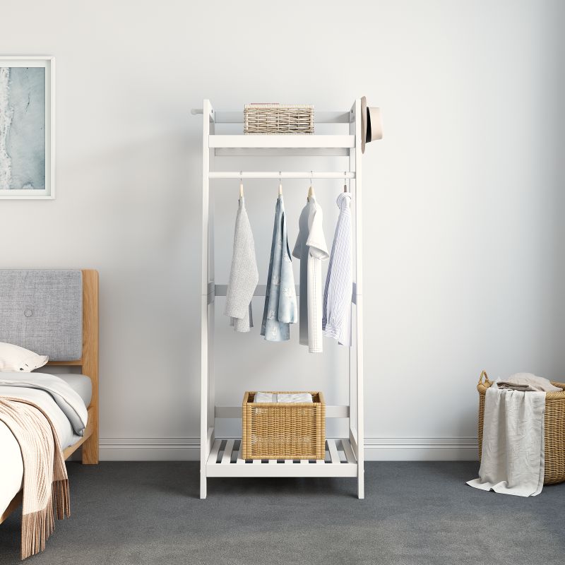 Photo 1 of IOTXY Open Solid Wood Garment Rack with Shelves - White Free Standing Coat Rack with Road and Hooks for Hanging Clothes, Open Shelving Wardrobe and Closet Organizer for Bedroom, 19.7"Wx15.7"Dx57.5"H
