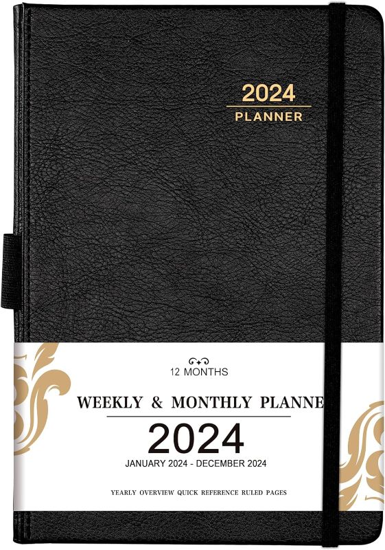 Photo 1 of 2024 Planner - 2024 Weekly Monthly Planner, January - December 2024, 5.85'' x 8.5'' Calendar Planner 2024 with Leather Cover, Pen Holder, Elastic Closure, 24 Ruled pages
