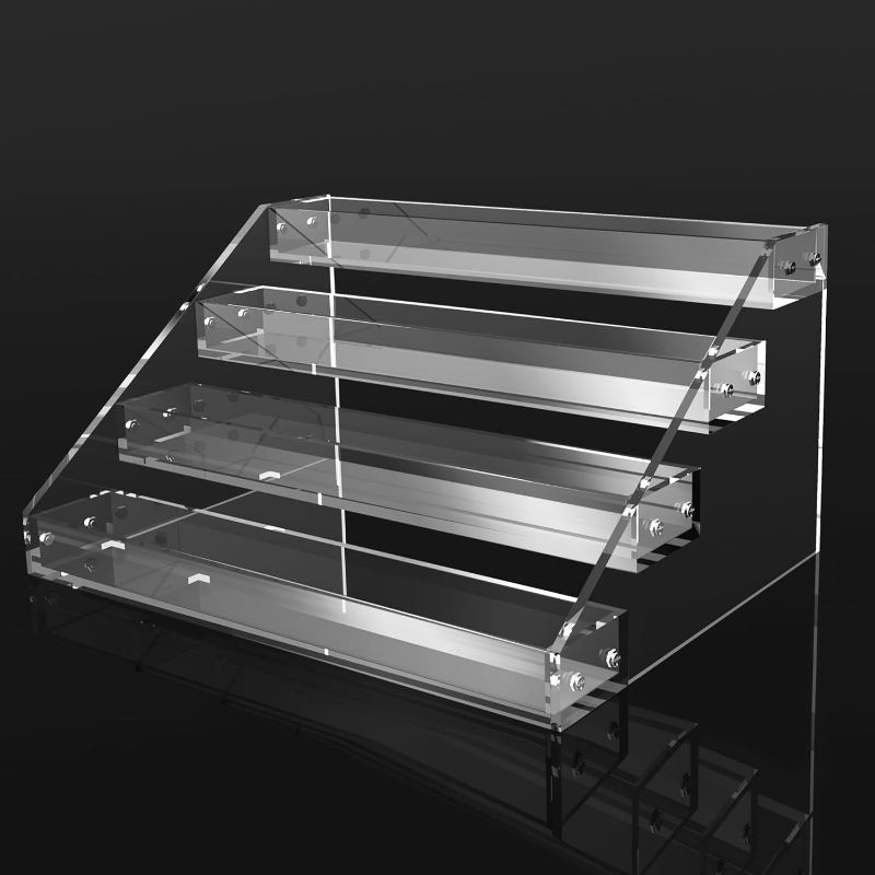 Photo 1 of 12" Acrylic Riser Display Stands - 4 Tier Clear Acrylic Display Shelf, Double Sided Usable, Makeup Organizer Perfume Organizer, Acrylic Shelves for Funko Pop Figures , Cupcake, Candy Food
