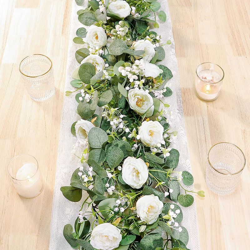 Photo 1 of  Artificial Eucalyptus Flower Garland with White Roses, Fake Rose Flower Greenery Garland Floral Vines for Wedding Home Party