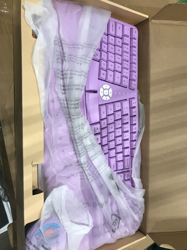 Photo 2 of MEETION Ergonomic Wireless Keyboard and Mouse, Ergo Keyboard with Vertical Mouse, Split Keyboard Cushioned Wrist Palm Rest Natural Typing Rechargeable Full Size, Windows/Mac/Computer/Laptop,Purple Large Purple