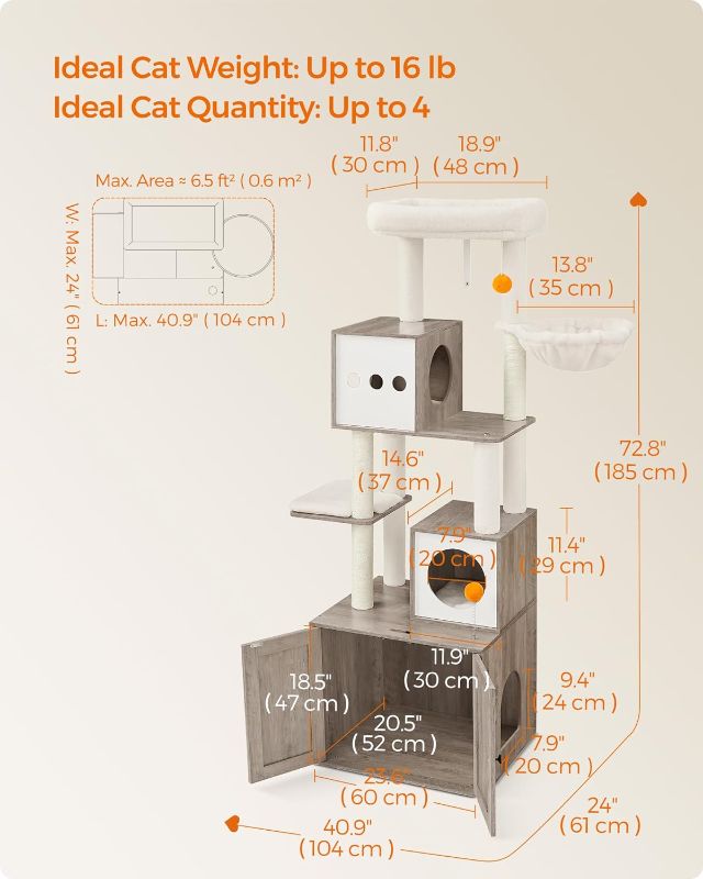 Photo 3 of (READ FULL POST) Feandrea Cat Tree with Litter Box Enclosure, 2-in-1 Modern Cat Tower, 72.8-Inch Tall Cat Condo with Scratching Posts, Perch, Caves, Basket, Washable Cushions, Heather Greige UPCT116G01